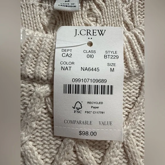 NWT J CREW Cotton Cable-knit Crewneck Sweater, size Medium color, Natural - Picture 6 of 7